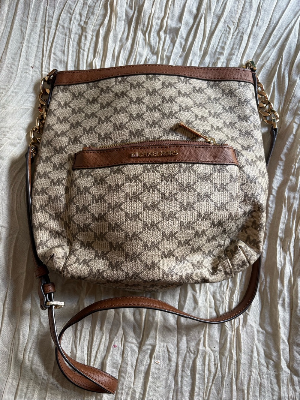 Michael Kors Tan Logo Crossbody Bag with Brown Trim